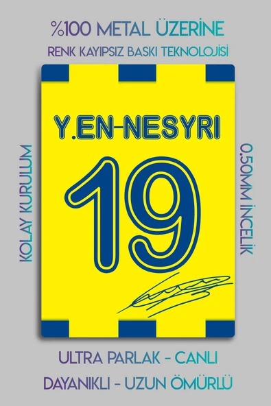 Metal Baskı - İmzalı Yusuf en-Nesyri, Sarı Lacivert Taraftar, Dekoratif Tablo - Resim 2