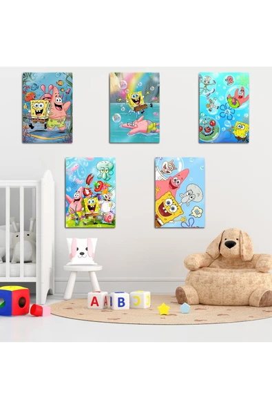 Metal Baskı - SüngerBob, Çocuk Bebek Odası, SpongeBob 5'li Set Tablo