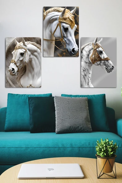 Metal Baskı - 3'lü Gold Arabian Horse - Dekoratif At Tablosu