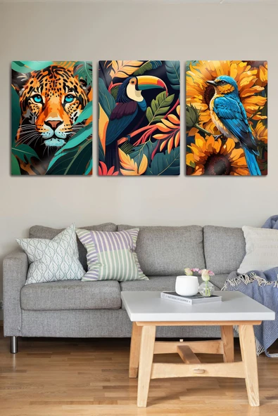 Metal Tablo 3'lü Set, Doğal Hayvanlar, Kuş, Kaplan, Papağan, Egzotik Dekoratif - 2