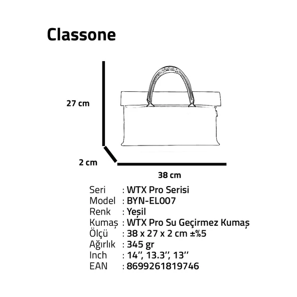 BYN-EL007 Wtxpro Su Geçirmez Kumaş 13-14 Inch Bayan Laptop El Çantası- Tote Bag - Yeşil - 7