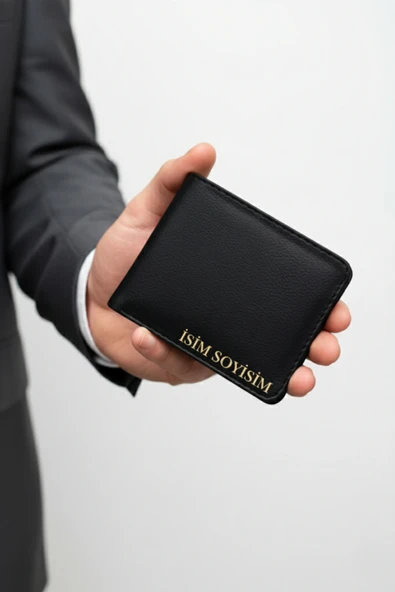 Kişiye Özel İsim Yazılı Siyah Vegan Deri Cüzdan – 8 Kartlık – Çift Para Gözlü – Çıtçıt Kapamalı – Unisex – Hediye Kutulu - Resim 3