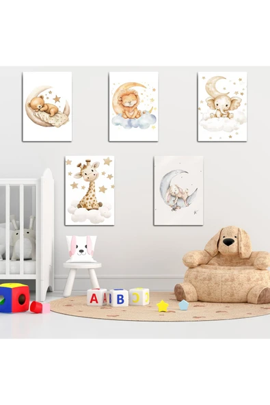 Çocuk, Bebek Odası, Uykucu Hayvanlar Alemi, 5'li Dekoratif Metal Tablo