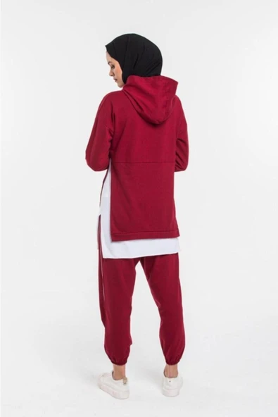 Kadın Bordo Beyaz Tişörtlü Eşofman Takımı - Resim 2