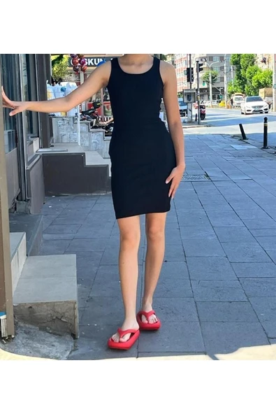 Kaşkorse Kalın Askılı Çizgili Yazlık Saran Triko Elbise ürün görseli