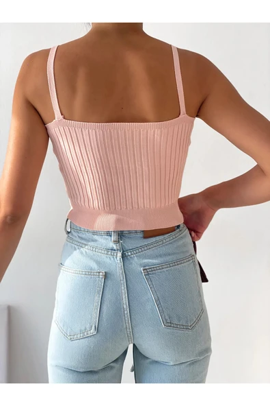 Askılı V Yaka Su Yolu Örgülü Triko Bluz - Resim 2