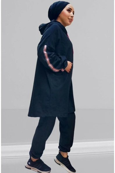 Kadın Tesettür Siyah Pembe Fosforlu Eşofman Takımı Neon Salaş - Resim 3