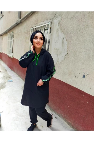 Tesettür Siyah Yeşil Fosforlu Eşofman Takımı