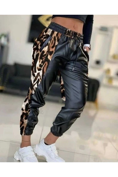 Bel ve Paça Lastikli Detay Yanları Leopar Detay Bağcıklı Deri Pantolon ürün görseli