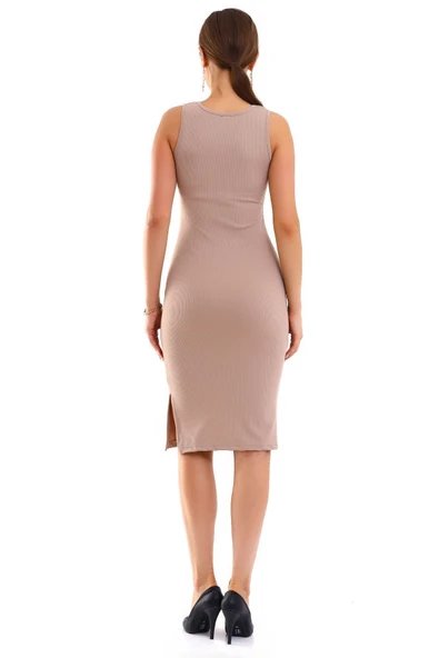 Yan Yırtmaçlı Kalın Askılı Fitilli Kadın Elbise - Resim 6