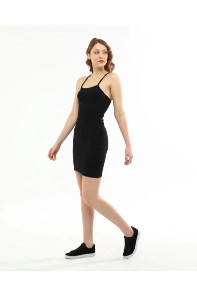 Kadın Siyah Sırtı Çapraz Ip Askılı Yazlık Triko Elbise - Resim 6