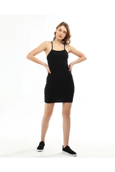 Kadın Siyah Sırtı Çapraz Ip Askılı Yazlık Triko Elbise - Resim 3