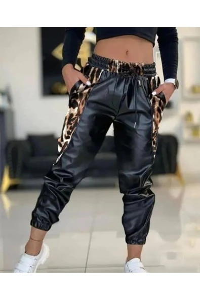 Bel ve Paça Lastikli Detay Yanları Leopar Detay Bağcıklı Deri Pantolon - Resim 2