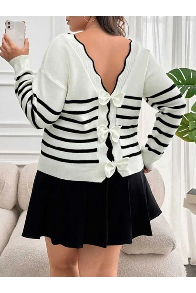 Beyaz sırt bağlama detaylı çizgi desen triko bluz ürün görseli