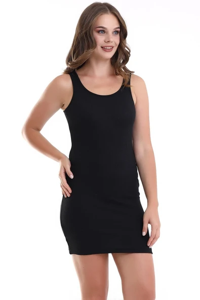 Kaşkorse Kalın Askılı Yazlık Saran Triko Siyah Elbise - 2