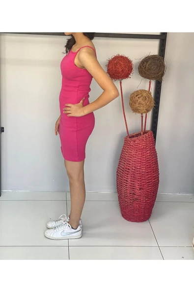 Kadın Bisiklet Yaka Ip Askılı Elbise Yazlık Triko - Resim 3