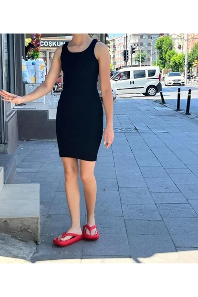 Kaşkorse Kalın Askılı Çizgili Yazlık Saran Triko Elbise - Resim 2