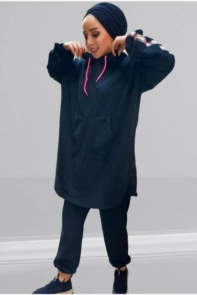 Kadın Tesettür Siyah Pembe Fosforlu Eşofman Takımı Neon Salaş - Resim 2