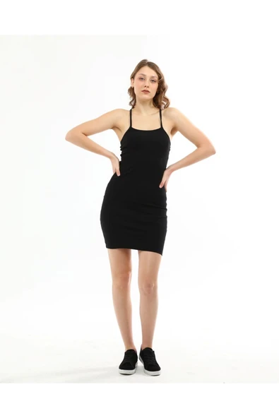 Kadın Siyah Sırtı Çapraz Ip Askılı Yazlık Triko Elbise - Resim 5