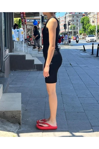 Kaşkorse Kalın Askılı Çizgili Yazlık Saran Triko Elbise - Resim 3