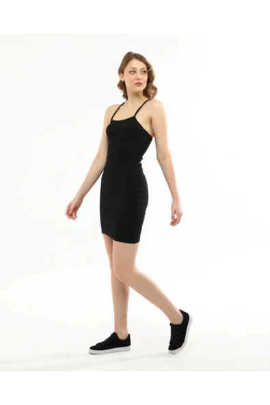 Kadın Siyah Sırtı Açık Ip Askılı Yazlık Triko Elbise ürün görseli