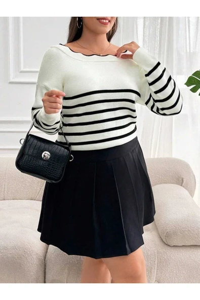 Beyaz sırt bağlama detaylı çizgi desen triko bluz - Resim 2