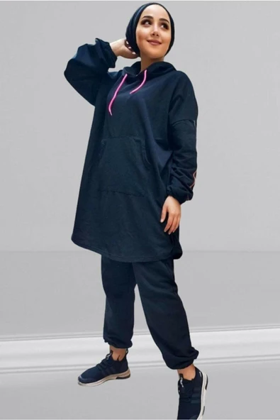 Kadın Tesettür Siyah Pembe Fosforlu Eşofman Takımı Neon Salaş ürün görseli