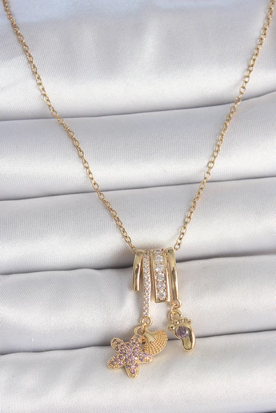 316L Çelik Gold Renk Sallantı Zirkon Taşlı Mor Taşlı Ayıcık Figür Charm Kadın Kolye - TJ-BKO10098