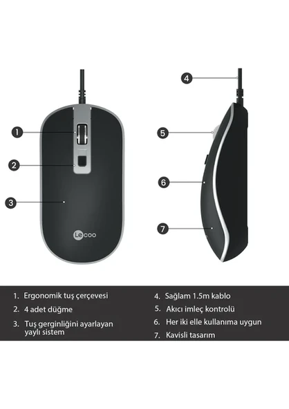 LENOVO LECOO MS104 1600 DPI 4 TUŞLU USB KABLOLU OPTİK MOUSE - 6