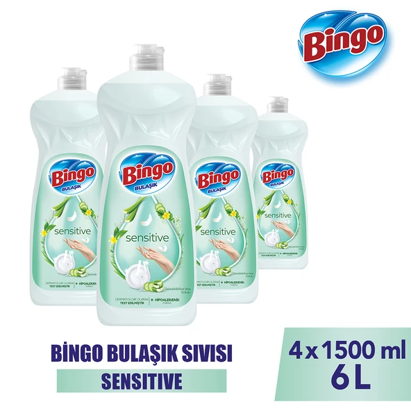 Bingo Sıvı Elde Bulaşık Deterjanı Sensitive 1500ml X 4 Adet