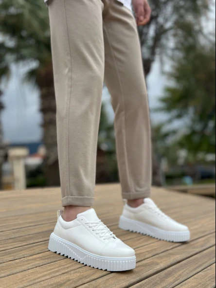 ET8104 Yüksek Taban Rugan Beyaz Bağcıklı Erkek Ayakkabı - Resim 2