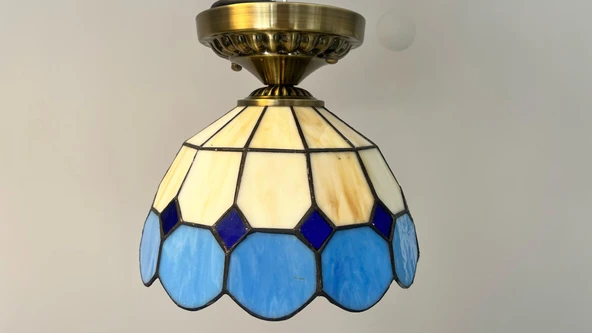 Yüceeller Tavan Vitray Eskitme Avize 25cm 10" Mavi