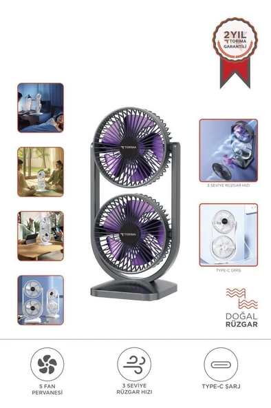 Torima F-22 Siyah Mini Fan | Taşınabilir Çift Başlıklı Sessiz Vantilatör | Type-C Girişli, 3 Kademeli Hız Ayarı