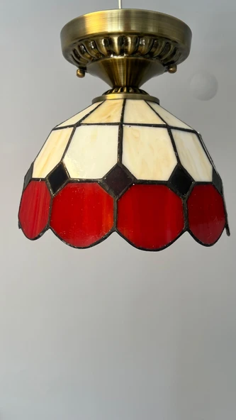 Yüceeller Tavan Vitray Eskitme Avize 25cm 10" Kırmızı