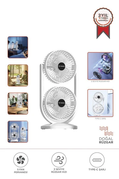 Torima F-22 Beyaz Mini Fan | Taşınabilir Çift Başlıklı Sessiz Vantilatör | Type-C Girişli, 3 Kademeli Hız Ayarı