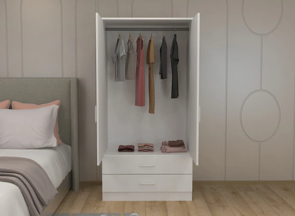 ABETE MOBİLYA 2 Kapılı 2 Çekmeceli Gardırop / Beyaz Y:182CM,G:76CM,D:47CM - 3