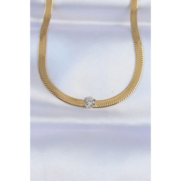 316L Çelik Gold Renk Tek Zirkon Taşlı İtalyan Zincir Kolye - TJ-BKO8747