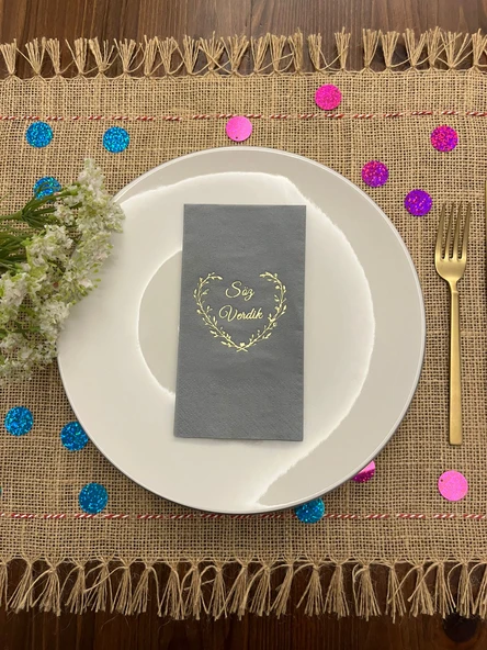 Gold Yaldızlı Gri Söz Verdik Kalp Çelenk Peçete 16 Adet ürün görseli 1