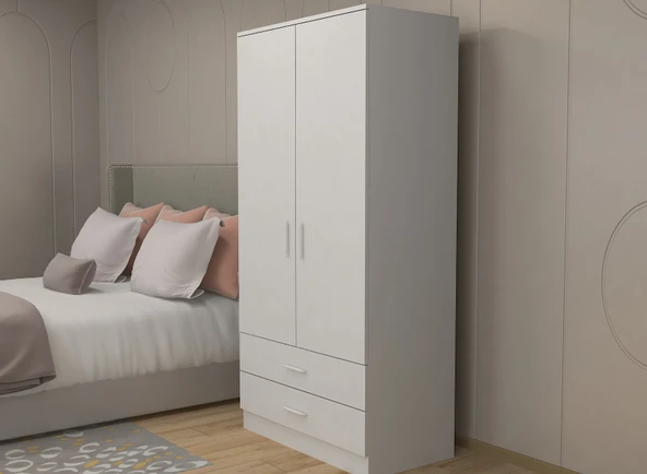 ABETE MOBİLYA 2 Kapılı 2 Çekmeceli Gardırop / Beyaz Y:182CM,G:76CM,D:47CM