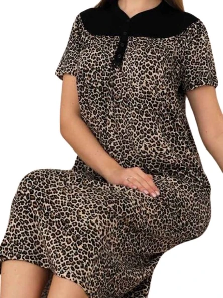Siyah Leopar Dantel Detaylı 3 Düğmeli Kısa Kol Likralı Viskon Uzun Gecelik-Anne Kalıp Büyük Beden - 3