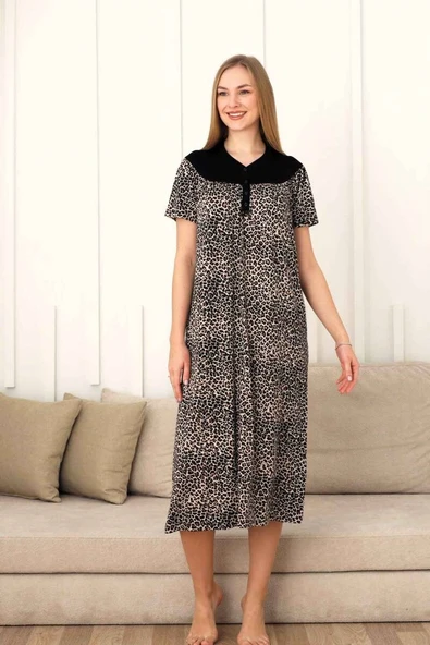 Siyah Leopar Dantel Detaylı 3 Düğmeli Kısa Kol Likralı Viskon Uzun Gecelik-Anne Kalıp Büyük Beden - 4