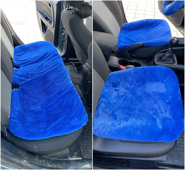 Yumuşak Tüylü Peluş Serme Oto Koltuk Koruyucu Minder Ön Arka Mavi