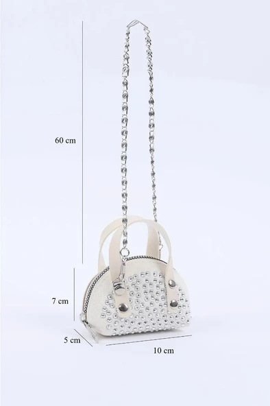 Krem Süet Kumaş, Tek Bölmeli, Zincir Askılı,Fermuarlı, Taşlı, Mini El Ve Omuz Çantası 10 cm - 5