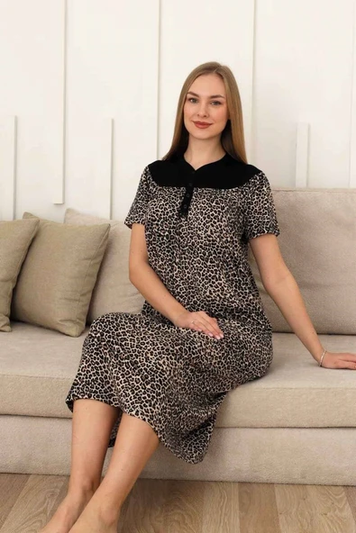 Siyah Leopar Dantel Detaylı 3 Düğmeli Kısa Kol Likralı Viskon Uzun Gecelik-Anne Kalıp Büyük Beden - 5