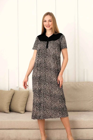 Siyah Leopar Dantel Detaylı 3 Düğmeli Kısa Kol Likralı Viskon Uzun Gecelik-Anne Kalıp Büyük Beden - 6