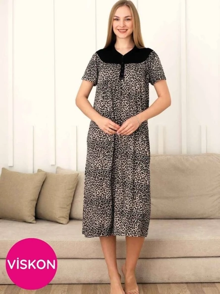 Siyah Leopar Dantel Detaylı 3 Düğmeli Kısa Kol Likralı Viskon Uzun Gecelik-Anne Kalıp Büyük Beden