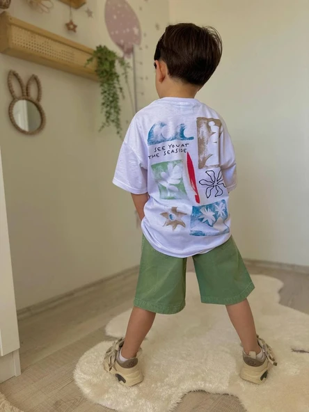 ERKEK ÇOCUK KETEN ŞORTLU CEP MODELLİ DESENLİ PAMUK ŞORTLU TAKIM - Resim 2