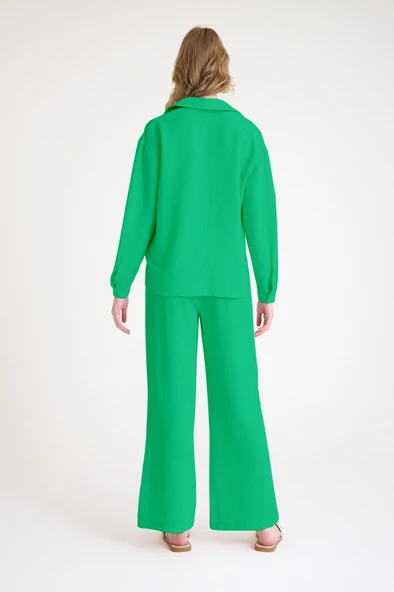 Günlük Yeşil Keten İkili Takım Alt Üst - Resim 3