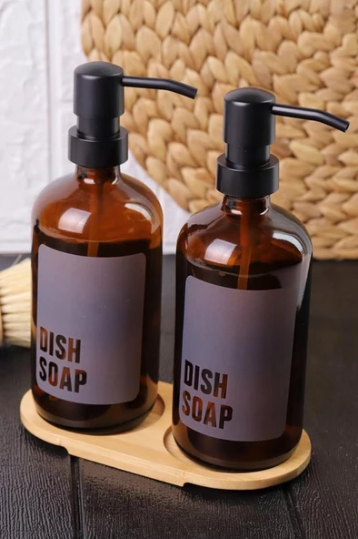 2'li Amber Cam Sıvı Sabunluk Seti Standlı Gri Etiketli - 2