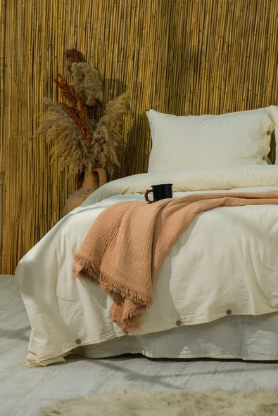 Boho | Keten Görünümlü Düğme Detaylı %100 Pamuk Çift Kişilik Nevresim Takımı - Bohockdy11 EKRU - 3